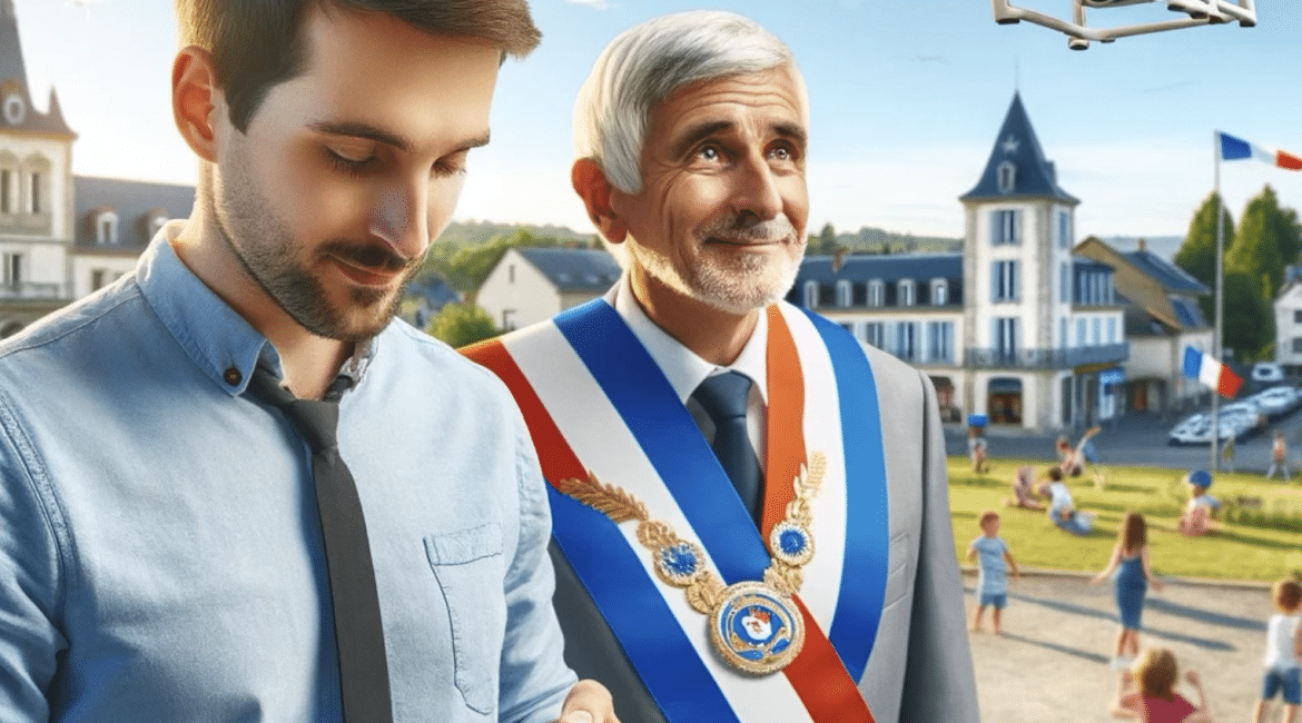 Pilote de drone et maire de commune, en train de filmer une vidéo drone pour la mairie.