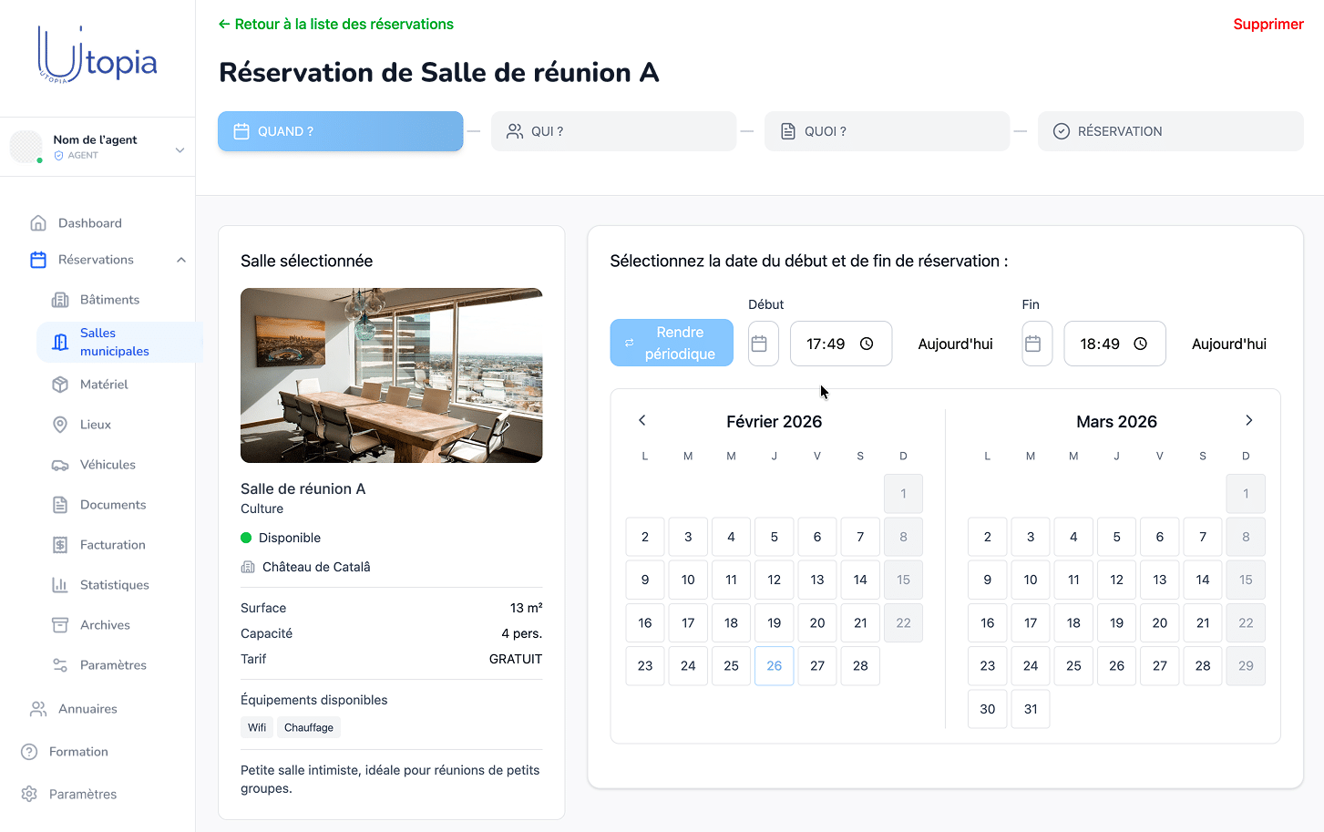 Capture d'écran de la partie gestion des salles sur Gallia